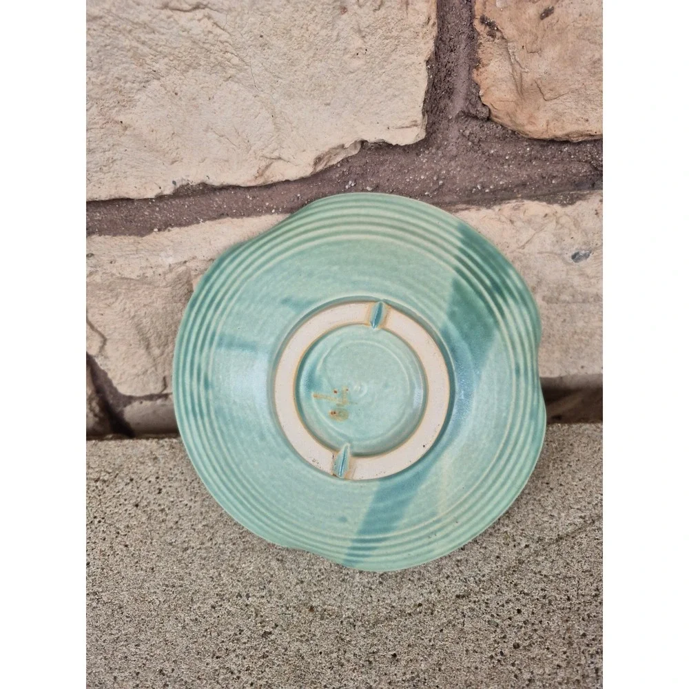 Signed Studio Pottery Dish Turquoise Celadon Ceramic Bowl Cherry Blossom Artisan